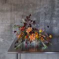Load image into Gallery viewer, Long and low Thanksgiving floral centerpiece with lush autumn flowers by Wildflower Floral Company in Boise